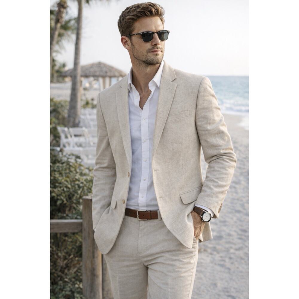 Stafford Slim Fit Linen Cotton Sport Coat Blazer Beige Stone 50R NWT Summer